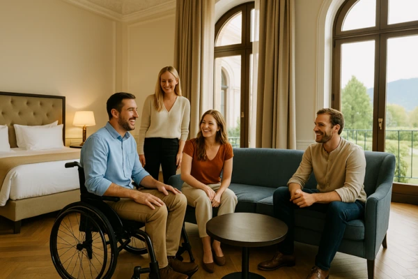 Imagem acolhedora de quatro amigos a desfrutar de uma suite elegante num hotel boutique acessível. O espaço combina arquitectura clássica com design contemporâneo, evidenciado pelas janelas altas em arco com cortinas bege e vista para um jardim verdejante. Um homem em cadeira de rodas conversa animadamente com uma mulher sentada no sofá, enquanto outro amigo ri numa poltrona próxima e o quarto elemento observa sorridente ao fundo. A cena transmite conforto, inclusão e sofisticação num ambiente de luxo