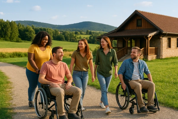Fotografia encantadora de um grupo de amigos, com e sem deficiência, a desfrutar de uma tarde relaxante junto a uma pousada rural acessível. A casa, em estilo rústico, possui uma rampa em madeira que conduz a um alpendre acolhedor. Em redor, estendem-se colinas verdes, campos dourados e um céu limpo, criando um cenário natural inspirador. A luz dourada do sol ilumina os sorrisos e a partilha de bons momentos, transmitindo inclusão, alegria e a beleza das escapadinhas na natureza para todos