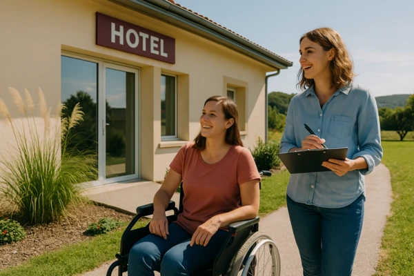 Imagem clara e informativa de duas mulheres a avaliarem a acessibilidade de um edifício térreo de alojamento, pintado em tons creme. Uma das mulheres, sentada numa cadeira de rodas manual, observa atentamente a entrada do local, enquanto a outra, de pé, segura uma prancheta e tira notas. A cena decorre à luz do dia e transmite uma abordagem prática e inclusiva na verificação de critérios de acessibilidade, num ambiente acolhedor e acessível a todos