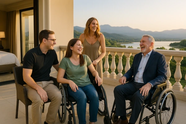 Fotografia envolvente de um grupo de amigos, com e sem deficiência, a desfrutar de um momento de relaxamento num elegante terraço de hotel de luxo. A cena acontece ao entardecer, com vista para colinas suaves, um lago sereno e montanhas ao longe, envoltos por tons dourados do pôr do sol. A atmosfera transmite conforto, sofisticação e inclusão, refletindo a harmonia entre acessibilidade e experiências premium em alojamentos de alto padrão