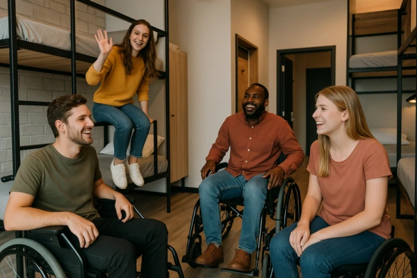 Imagem vibrante de um quarto de hostel moderno e acessível, onde quatro jovens adultos, com e sem deficiência, partilham momentos de descontração e amizade. O espaço apresenta beliches de estilo industrial com estruturas metálicas e prateleiras em madeira, e é visivelmente adaptado para cadeiras de rodas. A iluminação natural e o design acolhedor reforçam o ambiente inclusivo e contemporâneo, ideal para viajantes que procuram conforto, acessibilidade e economia