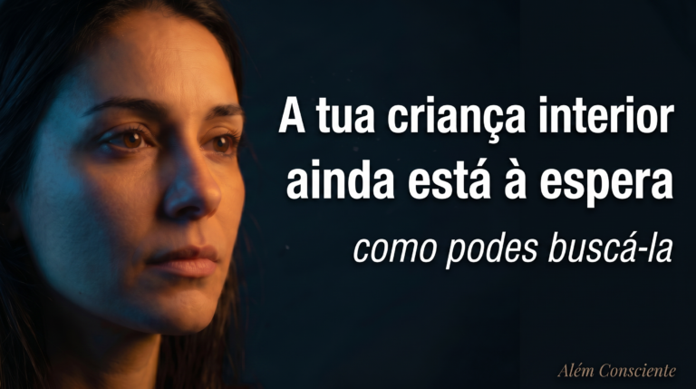 Criança interior — mulher com iluminação dramática e texto "A tua criança interior ainda está à espera"